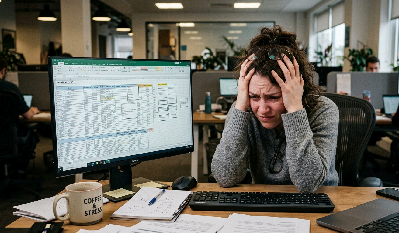 An overwhelmed engineer holding their head while staring at a huge risk analysis spreadsheet — coffee and stress
