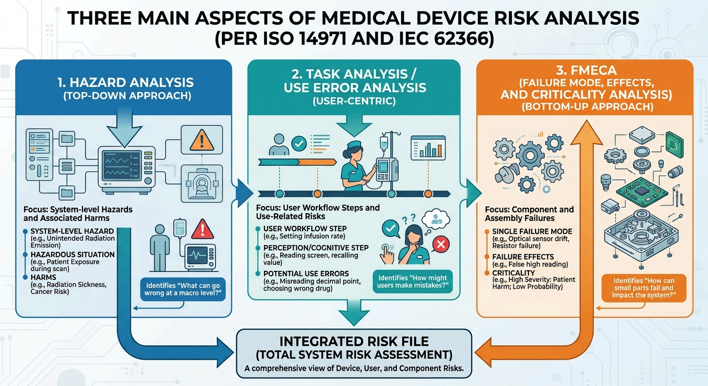 Three main aspects of medical device risk analysis per ISO 14971 and IEC 62366