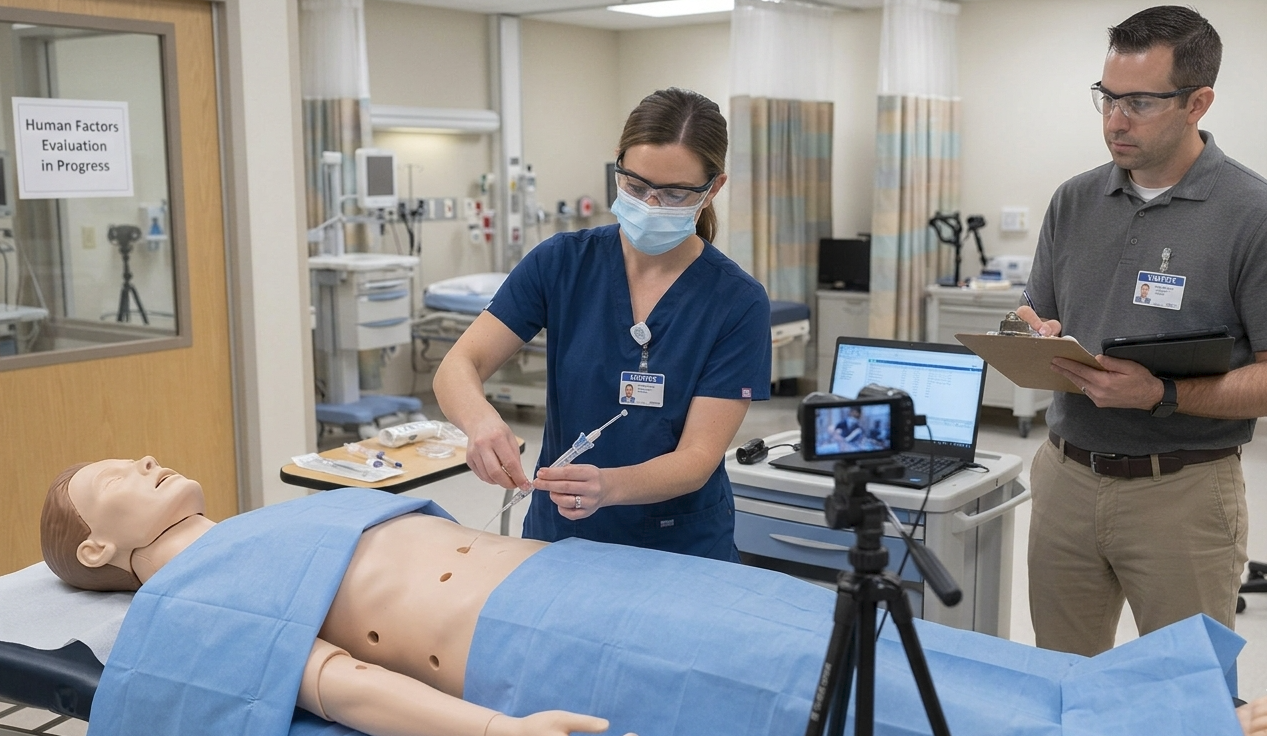 A nurse performing a simulated injection on a manikin during a human factors evaluation while an observer takes notes