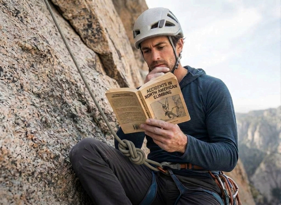 A climber sitting on a rock face reading a book titled Accidents in North American Climbing