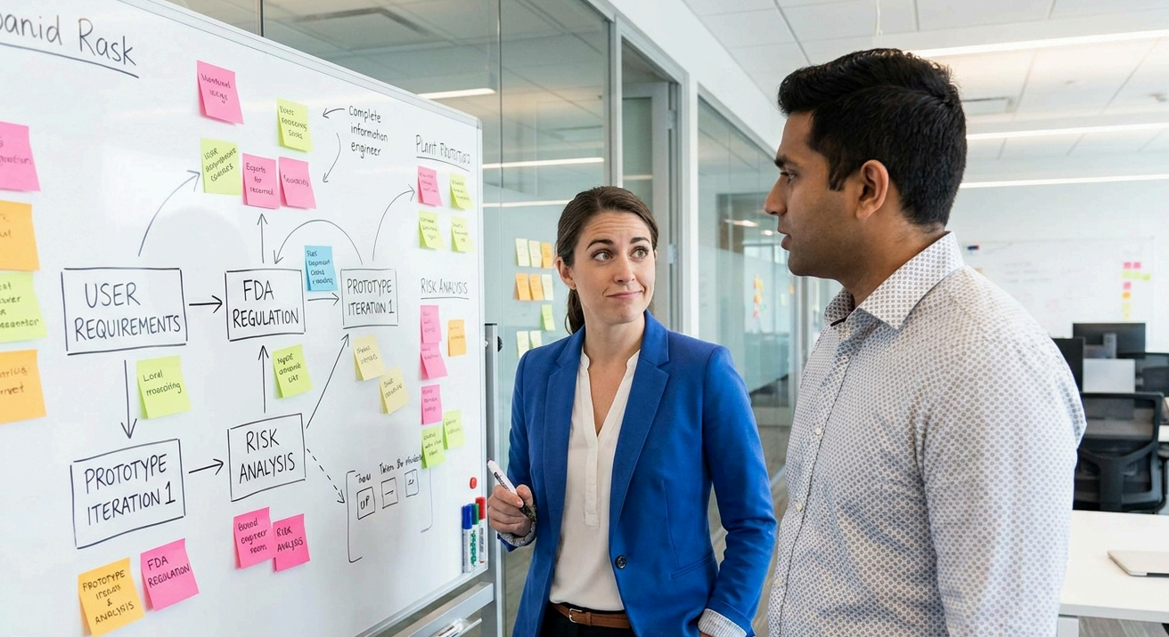 Engineers mapping user requirements, FDA regulation, prototype iterations and risk analysis on a whiteboard